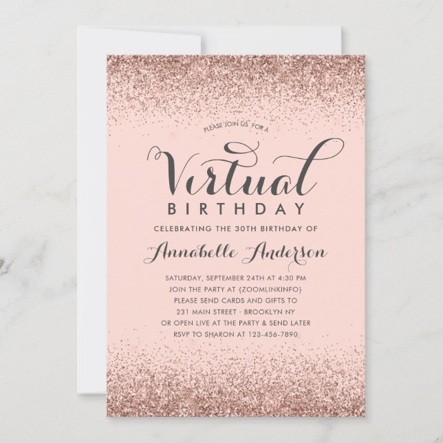 Pink Rose Gold Glitter Sparkle Virtual Birthday Invitation (Front)