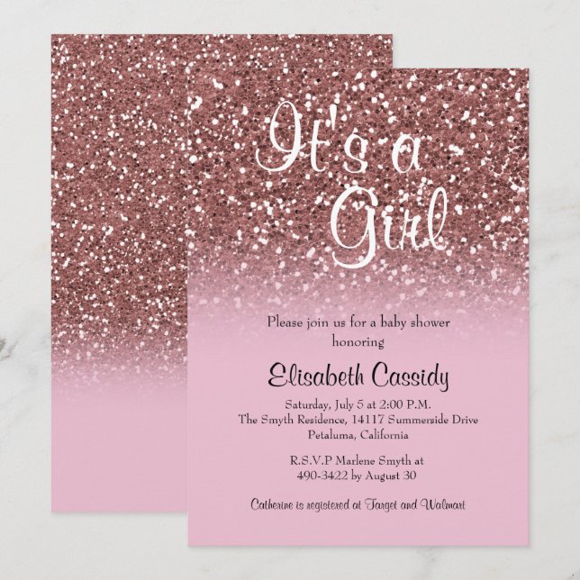 Pink Rose Gold Glitter Sprinkle Baby Shower Invite (Front/Back)