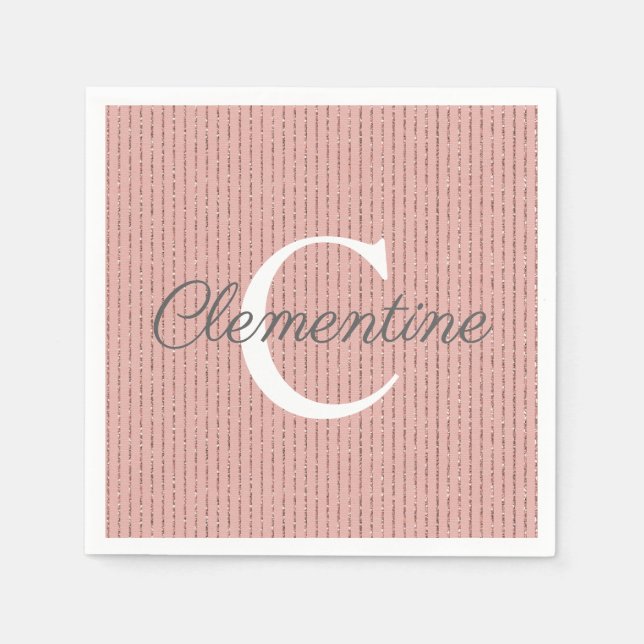Pink Rose Gold Glitter Stripes Monogram Girly Napkin (Front)