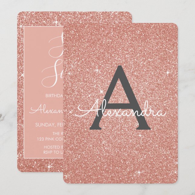 Pink - Rose Gold Glitter Sweet Sixteen Birthday Invitation (Front/Back)