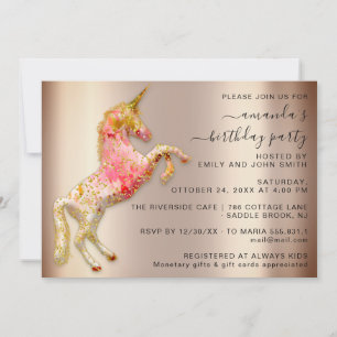 Pink Rose Gold Glitter Unicorn Horse Birthday  Invitation