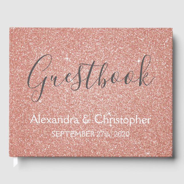 Pink Rose Gold Glitter Wedding Guest Book (Front)