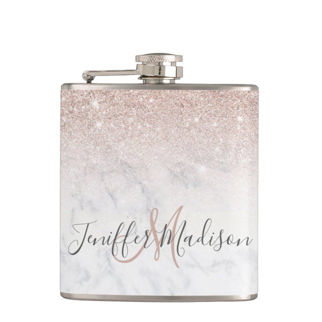 Pink rose gold glitter white marble Personalised   Hip Flask (Front)