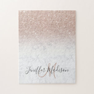 Pink rose gold glitter white marble Personalised   Jigsaw Puzzle
