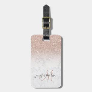 Pink rose gold glitter white marble Personalised Luggage Tag
