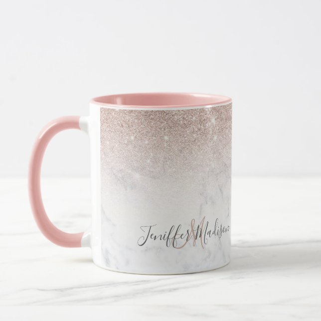 Pink rose gold glitter white marble Personalised   Mug (Left)