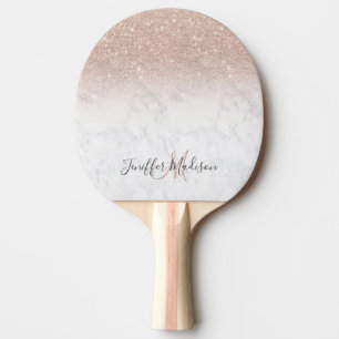Pink rose gold glitter white marble Personalised Ping Pong Paddle