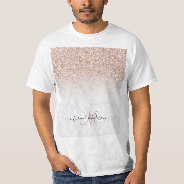 Pink rose gold glitter white marble Personalised   T-Shirt (Front)
