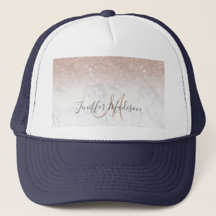 Pink rose gold glitter white marble Personalised   Trucker Hat