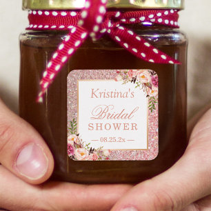 Pink Rose Gold Glitters Floral Bridal Shower Favou Square Sticker