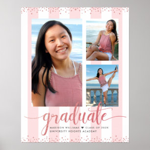 Pink Rose Gold Graduation 3 Photo Glitter Script Poster