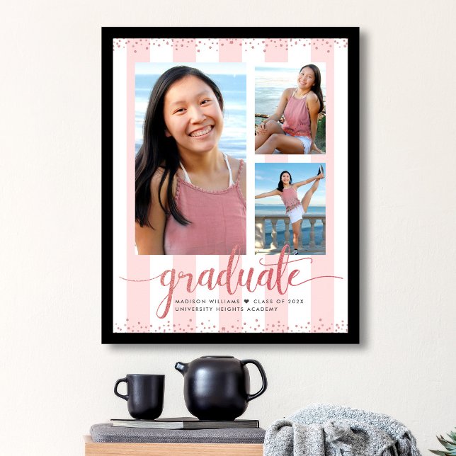 Pink Rose Gold Graduation 3 Photo Glitter Script Poster (Creator Uploaded)
