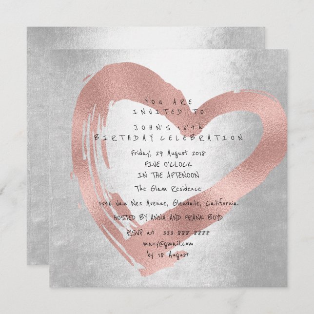 Pink Rose Gold Heart Silver Birthday Party Invitation (Front/Back)