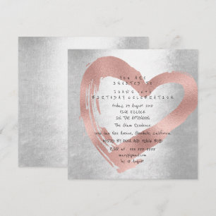 Pink Rose Gold Heart Silver Birthday Party Invitation