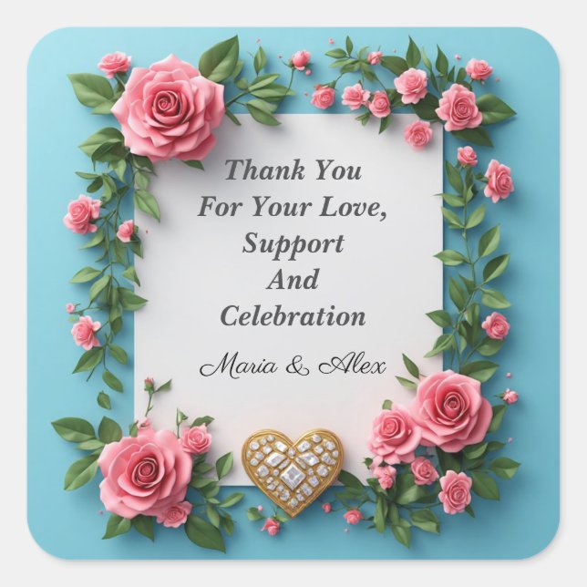 💐 Pink Rose Gold Heart Wedding Style ✨ Square Sticker (Front)
