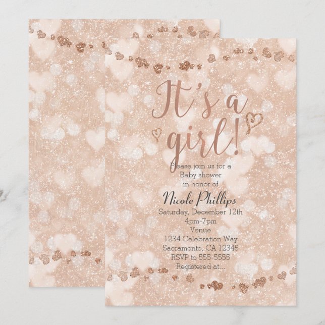 Pink Rose Gold Hearts Girl Baby Shower Invitations (Front/Back)