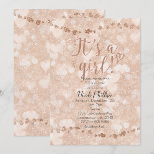 Pink Rose Gold Hearts Girl Baby Shower Invitations