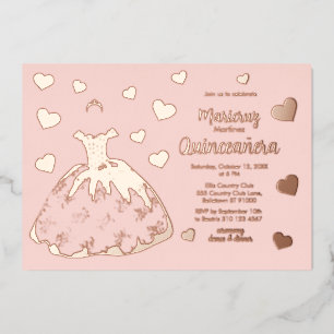 Pink Rose Gold Hearts Quinceañera Invitation