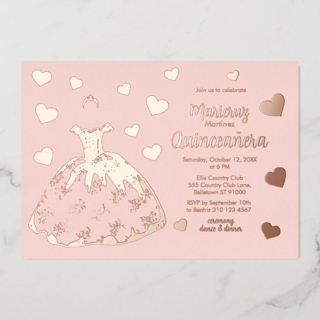 Pink Rose Gold Hearts Quinceañera Invitation (Front)