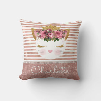 Pink rose gold kitty princess floral cushion