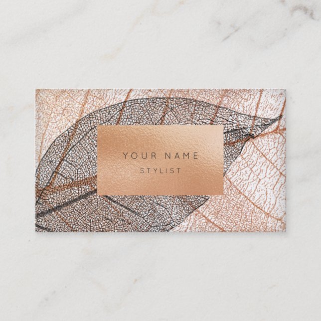 Pink Rose Gold Leaf Peach Glass Black White Business Card (Front)