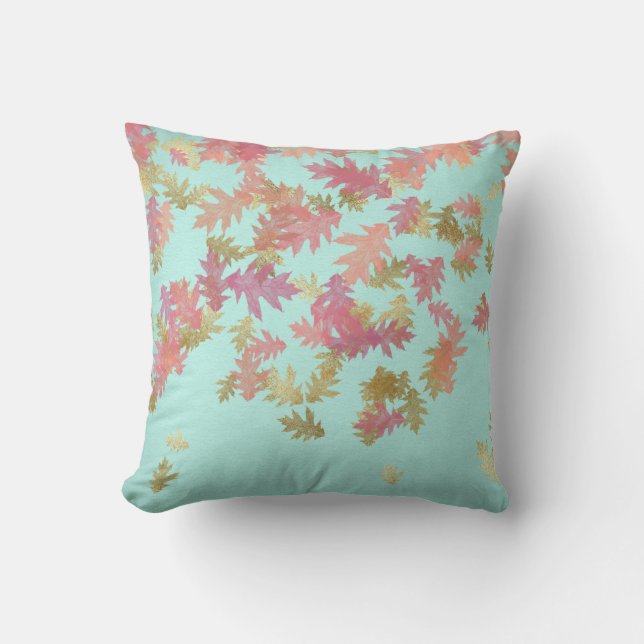 Pink Rose Gold Leafs Mint Green Ivory Linen Cushion (Front)
