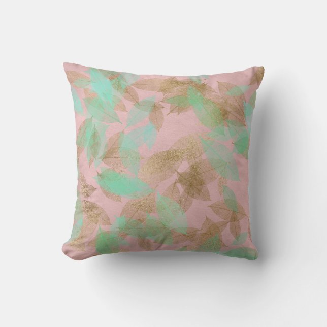 Pink Rose Gold Leafs Mint Green Pastel Cushion (Front)