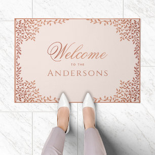 Pink Rose Gold Leaves Elegant Calligraphy Welcome Doormat