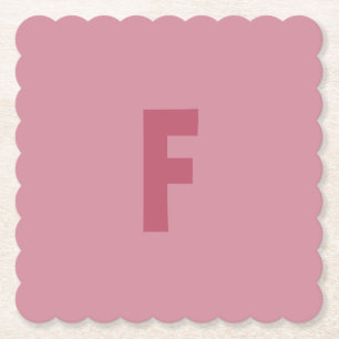 Pink Rose Gold Letter F Monogram Square Scalloped Paper Coaster
