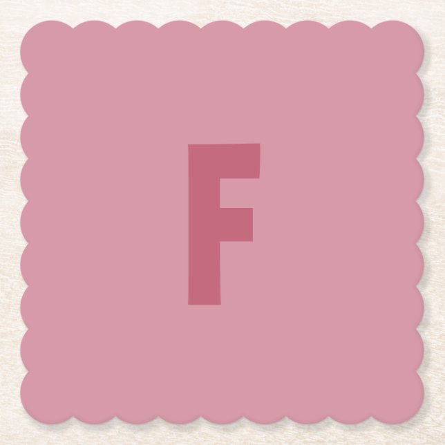 Pink Rose Gold Letter F Monogram Square Scalloped Paper Coaster (Front)