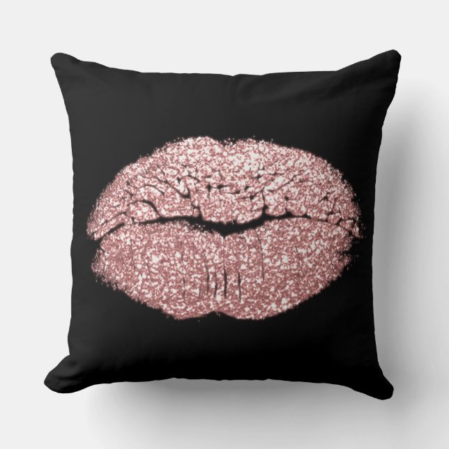 Pink Rose Gold Lips Glitter Black Makeup Kiss Cushion (Front)
