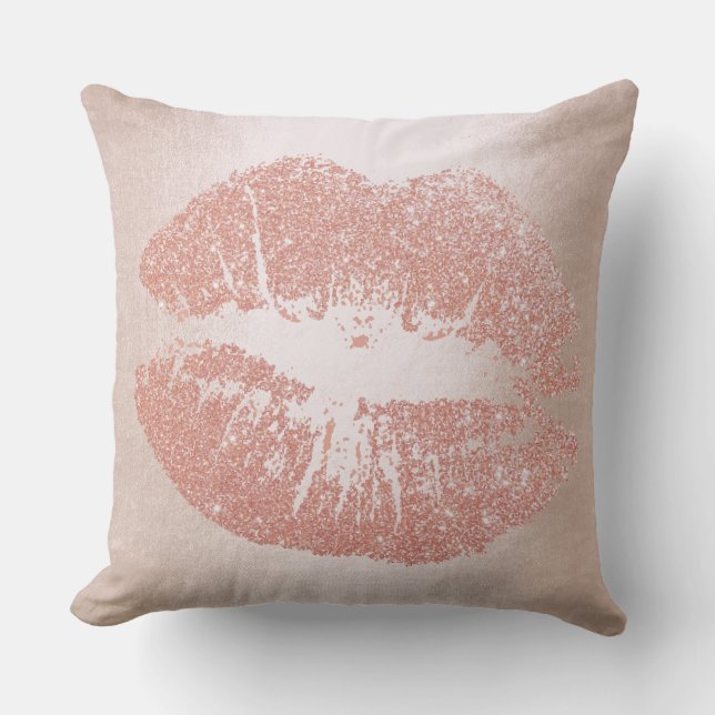 Pink Rose Gold Lips Glitter Blush Sparkly Kiss Cushion (Front)