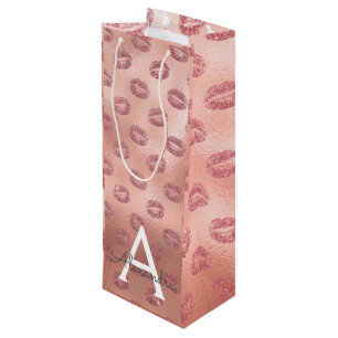 Pink Rose Gold Lipstick Kisses Monogram Birthday Wine Gift Bag