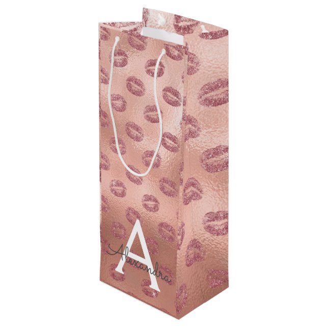 Pink Rose Gold Lipstick Kisses Monogram Birthday Wine Gift Bag (Back Angled)