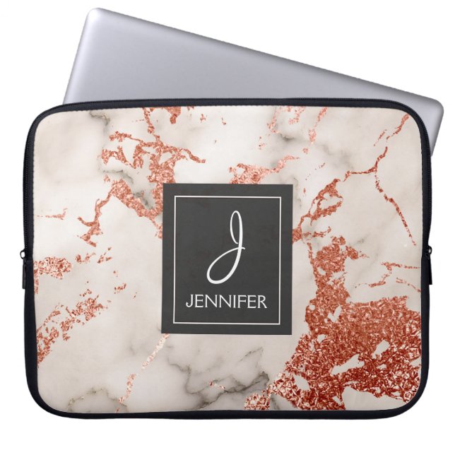 Pink Rose Gold Marble Elegant Monogram Laptop Sleeve (Front)