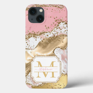 Pink Rose Gold Marble Glitter Agate Personalised iPhone 13 Case