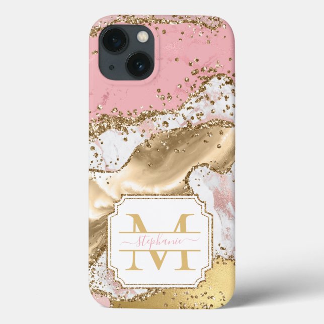 Pink Rose Gold Marble Glitter Agate Personalised Case-Mate iPhone Case (Back)