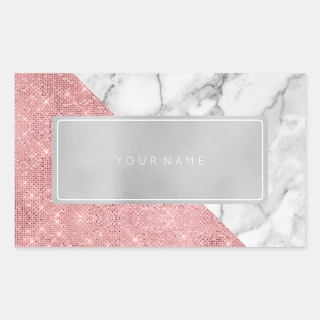 Pink Rose Gold Marble Metallic Rectangular Logo Sticker (Front)