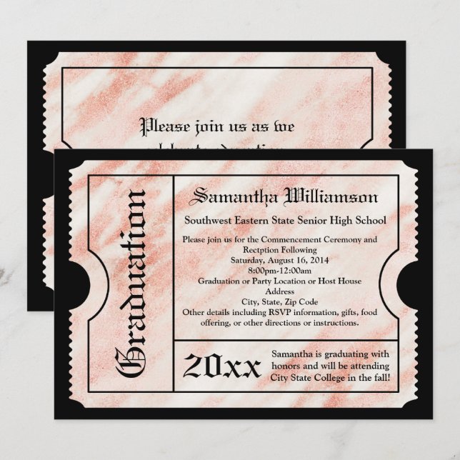 Pink Rose Gold Marble Modern Graduation Ticket Invitation (Front/Back)