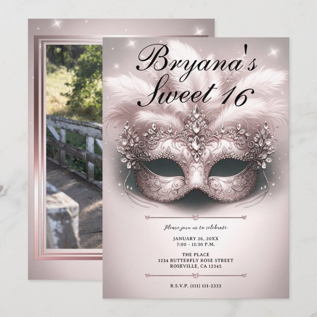 Pink Rose Gold Masquerade Sweet 16 Photo Birthday Invitation (Front/Back)
