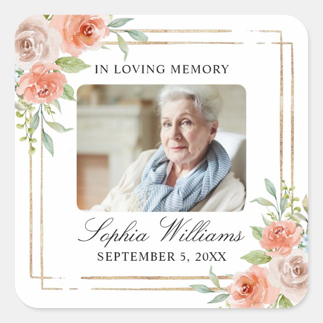 Pink Rose & Gold Memorial Funeral Square Sticker (Front)