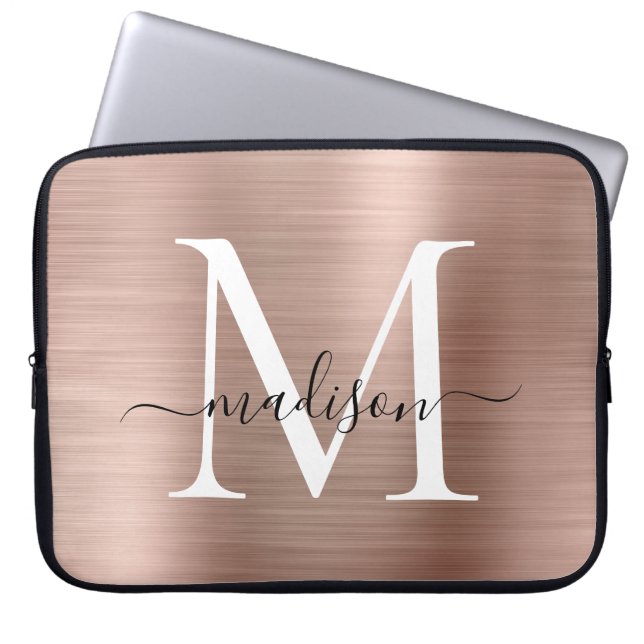 Pink Rose Gold Metal Girly Cute Script Monogram Laptop Sleeve (Front)