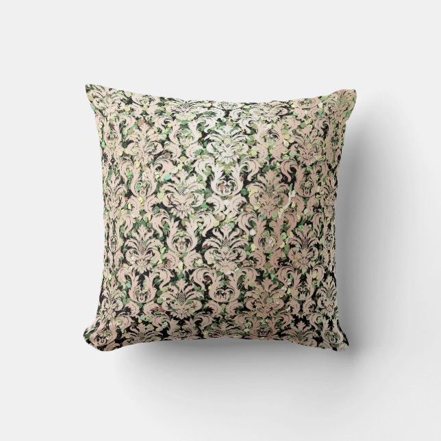 Pink Rose Gold Metallic Damask Green Sequin Cushion (Front)