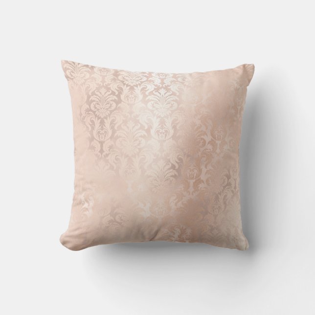 Pink Rose Gold Metallic Damask Royal Antonietta Cushion (Front)