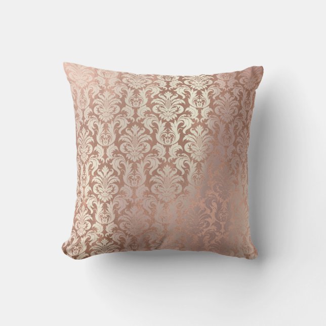 Pink Rose Gold Metallic Damask Royal Blush Powder Cushion (Front)