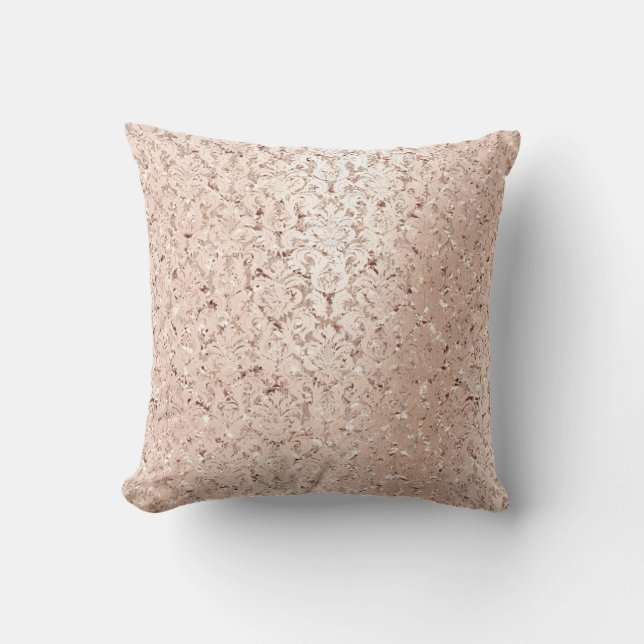 Pink Rose Gold Metallic Damask Royal Crystals Lux Cushion (Front)