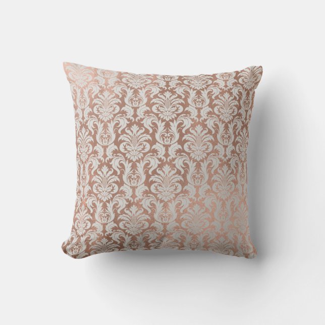 Pink Rose Gold Metallic Damask Royal Grey Cushion (Front)