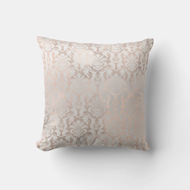 Pink Rose Gold Metallic Damask Royal Grey Grey Cushion (Front)