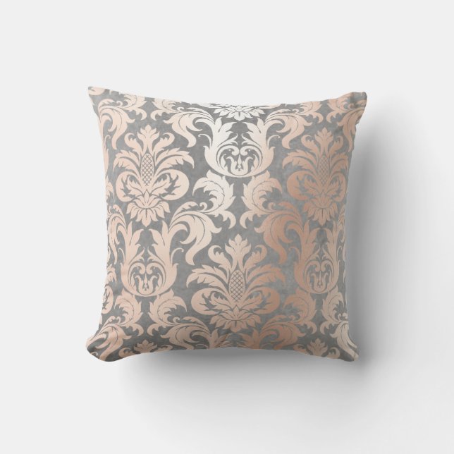 Pink Rose Gold Metallic Damask Silver Gray Lux Cushion (Front)