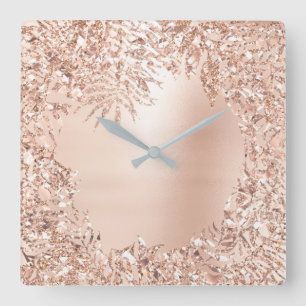 Pink Rose Gold Metallic Floral Botanical Glitter Square Wall Clock
